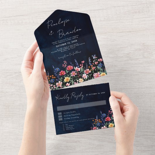 Invitation Tout En Un Fleur sauvage Rustique Pays Boho Floral Marine Mar (Déchirure)