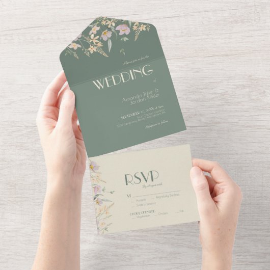 Invitation Tout En Un Fleur sauvage Sage Deco Mariage (Déchirure)