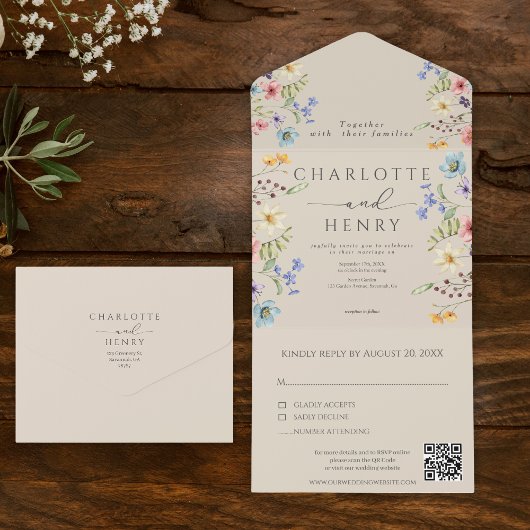 Invitation Tout En Un Fleur sauvage simple Mariage de code QR Garden