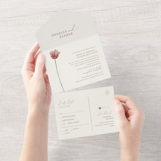 Invitation Tout En Un Fleur sauvage simple | Sceau beige et envoi (Déchirure)