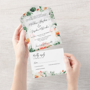 Invitation Tout En Un Fleur sauvage vert orange aquarelle botanique RSVP