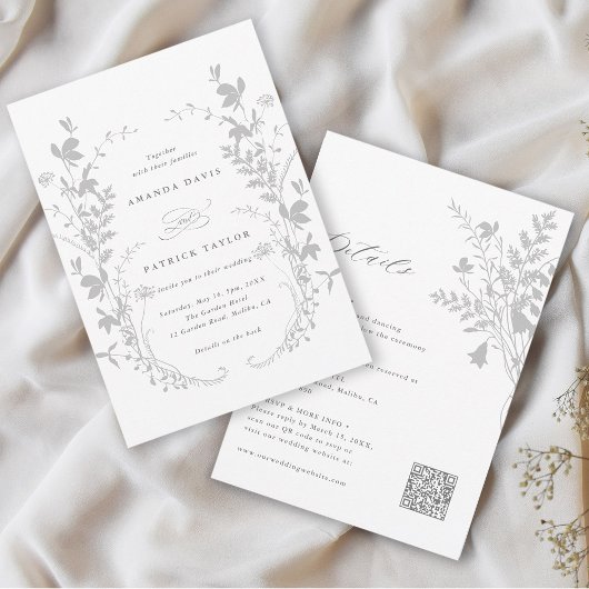 Invitation Tout en un Fleur sauvage Wreath Gris & Mariage bla