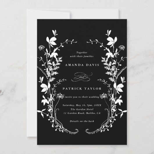 Invitation Tout en un Fleur sauvage Wreath Mariage noir (Devant)