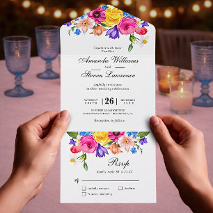 Invitation Tout En Un Fleurie Aquarelle Colorée Élégante Gras
