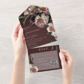 Invitation Tout En Un Fleurit foncé moderne Bourgogne Code QR (Déchirure)