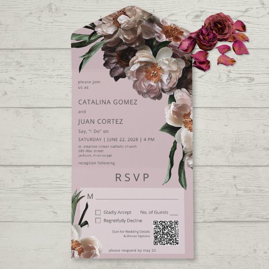 Invitation Tout En Un Fleurit foncé moderne Soft Rose QR Code