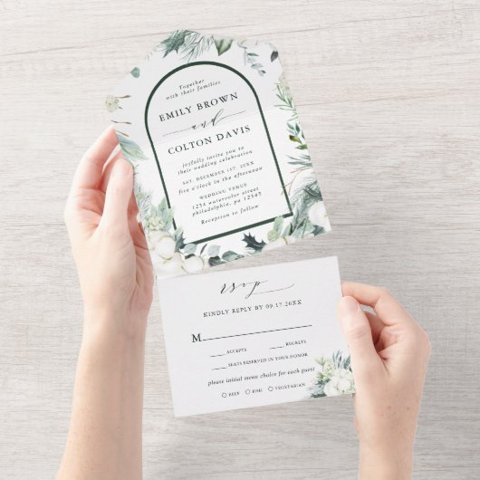 Invitation Tout En Un Fleurs à feuillage persistant et coton Mariage d'a