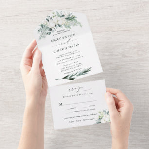 Invitation Tout En Un Fleurs à feuillage persistant et coton Mariage élé