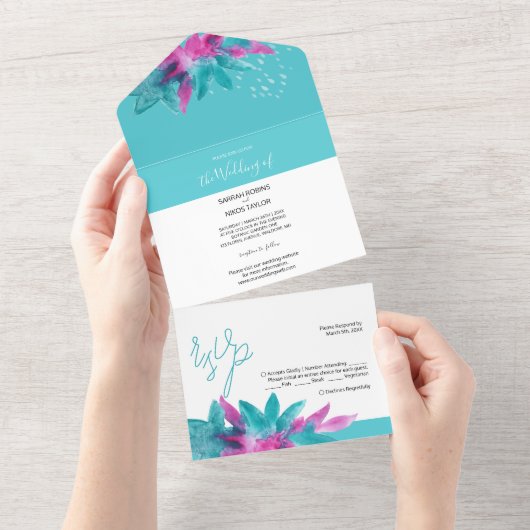 Invitation Tout En Un Fleurs Abstraites tropicales roses turquoise (Déchirure)