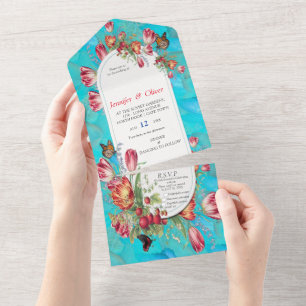 Invitation Tout En Un Fleurs aquarelles avec papillons visités. Tout