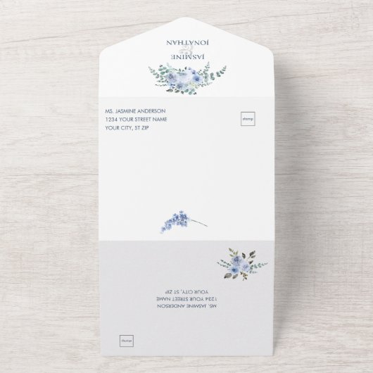 Invitation Tout En Un Fleurs aquarelles bleu clair et marine | (Dehors)