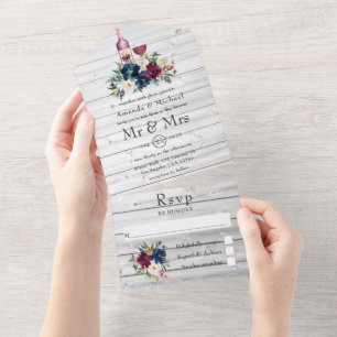 Invitation Tout En Un Fleurs aquarelles bordeaux et bleu marine