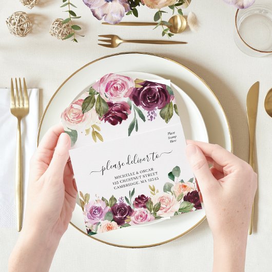 Invitation Tout En Un Fleurs aquarelles rustiques Bourgogne & gouttes d'