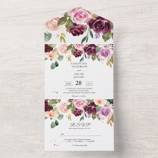 Invitation Tout En Un Fleurs aquarelles rustiques en Bourgogne & gouttes (À l'intérieur)