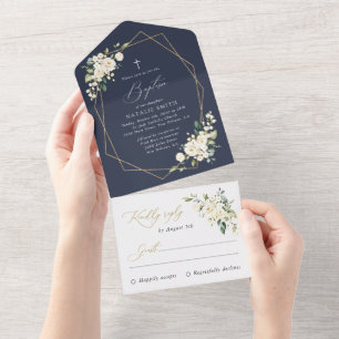 Invitation Tout En Un Fleurs blanches, Fleurs crème, Bohème, Baptême flo