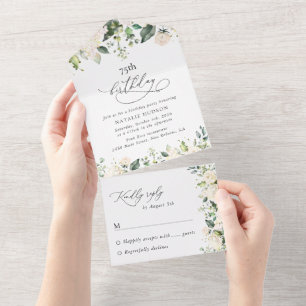 Invitation Tout En Un Fleurs blanches, Fleurs crème, Boho, Anniversaire