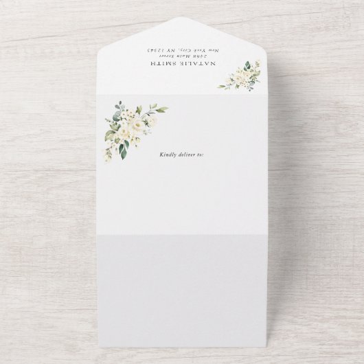 Invitation Tout En Un Fleurs blanches, Fleurs de crème, Boho, Baby showe (Dehors)