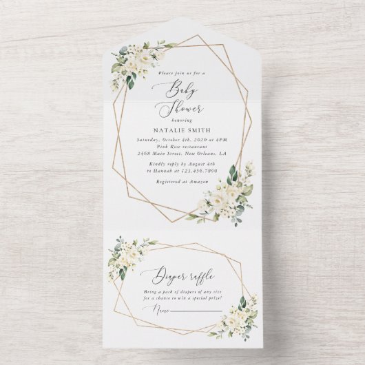Invitation Tout En Un Fleurs blanches, Fleurs de crème, Boho, Baby showe (À l'intérieur)
