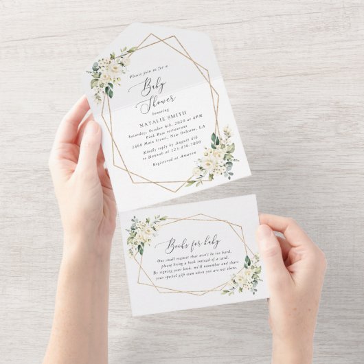 Invitation Tout En Un Fleurs blanches, Fleurs de crème, Boho, Baby showe (Déchirure)