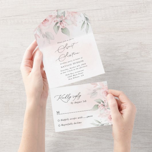 Invitation Tout En Un Fleurs blanches, Fleurs roses, Boho, Sweet 16 (Déchirure)