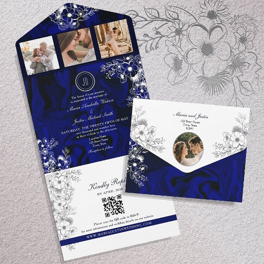 Invitation Tout En Un Fleurs Bleu Foncé QR Photo Mariage