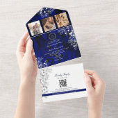 Invitation Tout En Un Fleurs Bleu Foncé QR Photo Mariage (Déchirure)