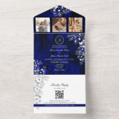 Invitation Tout En Un Fleurs Bleu Foncé QR Photo Mariage (À l'intérieur)