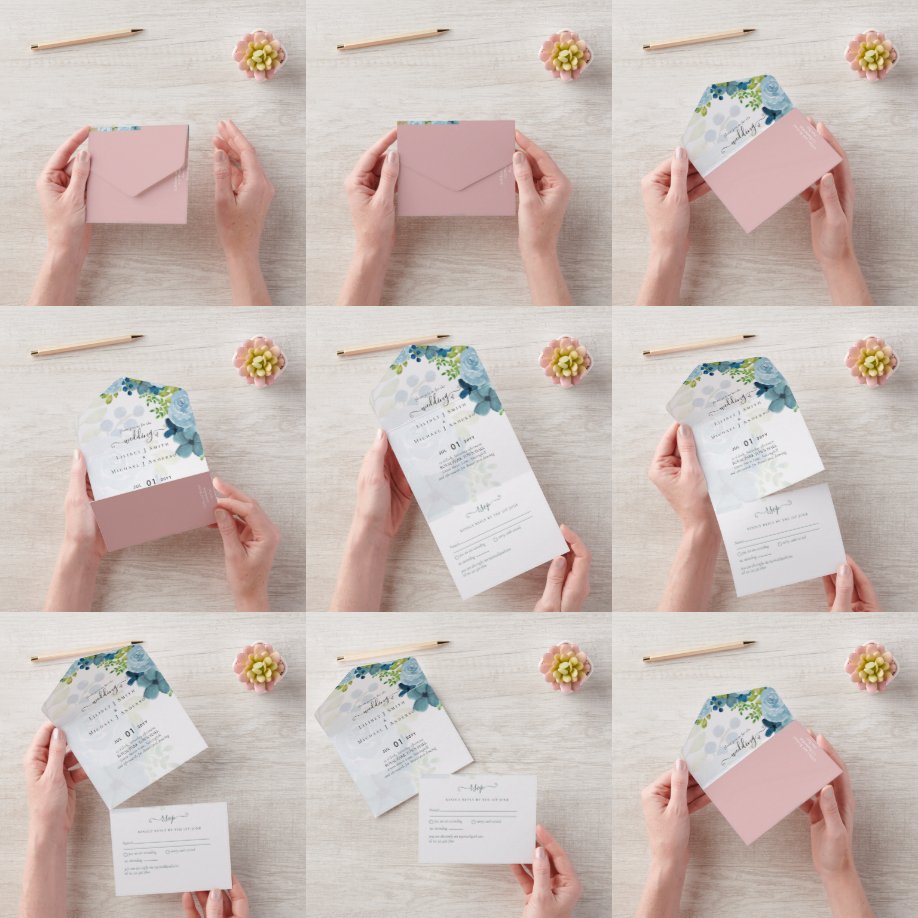 Invitation Tout En Un Fleurs Bleu Poussiéreux de Budget Mariage Sage