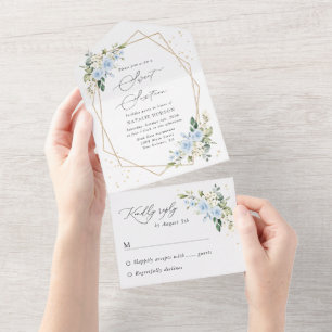 Invitation Tout En Un Fleurs bleues, Fleurs blanches, Verdure, Doux 16