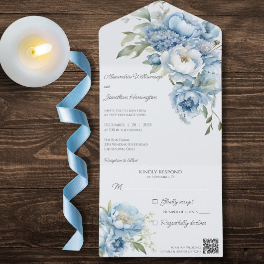 Invitation Tout En Un Fleurs Bleues Glaces d'hiver Code QR