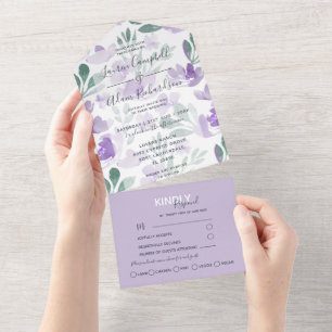 Invitation Tout En Un Fleurs bohèmes violettes motif Aquarelle Mariage