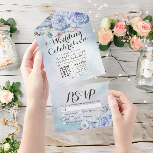 Invitation Tout En Un Fleurs Boho Bleu Plumes Bois rustique Mariage RSVP