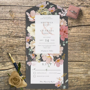 Invitation Tout En Un Fleurs Boho Noir & Blush Rose Pas de dîner