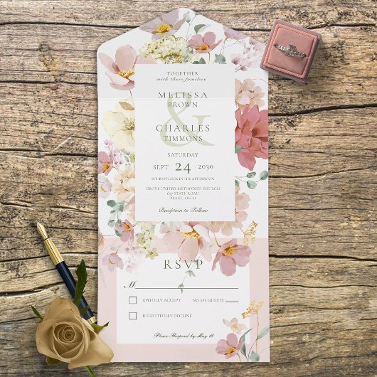 Invitation Tout En Un Fleurs Boho Rustiques Blanches et Roses Vierges Pa