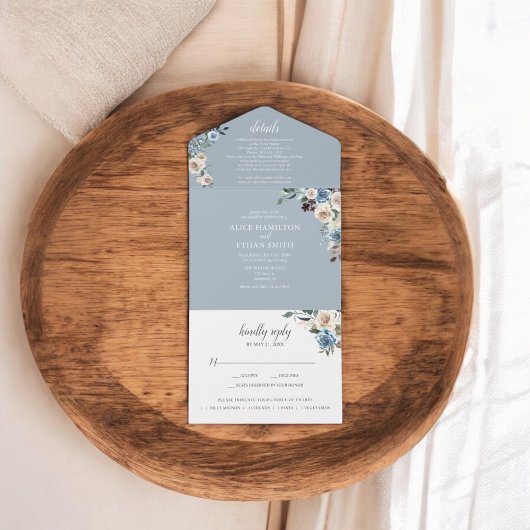 Invitation Tout En Un Fleurs Boho rustiques Script Hiver Dusty Bleu