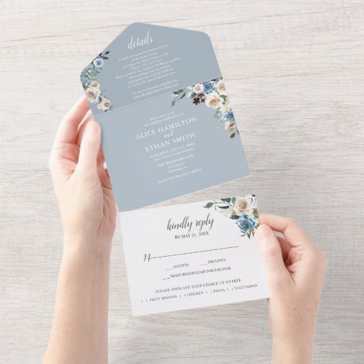Invitation Tout En Un Fleurs Boho rustiques Script Hiver Dusty Bleu (Déchirure)