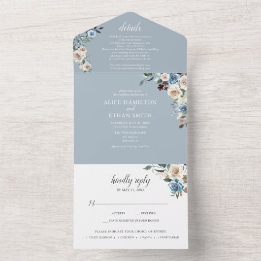 Invitation Tout En Un Fleurs Boho rustiques Script Hiver Dusty Bleu (À l'intérieur)