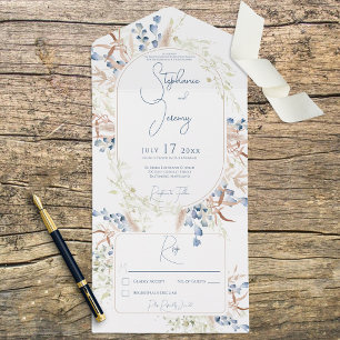 Invitation Tout En Un Fleurs Boho Sèches Bleues & Tan Blanc Sans Dîner