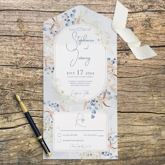 Invitation Tout En Un Fleurs Boho Sèches Bleues & Tan Bleues Sans Dîner