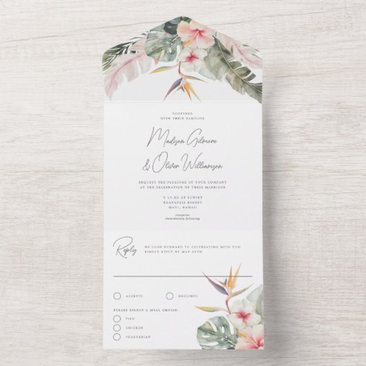 Invitation Tout En Un Fleurs botaniques tropicales Mariage de destinatio (À l'intérieur)