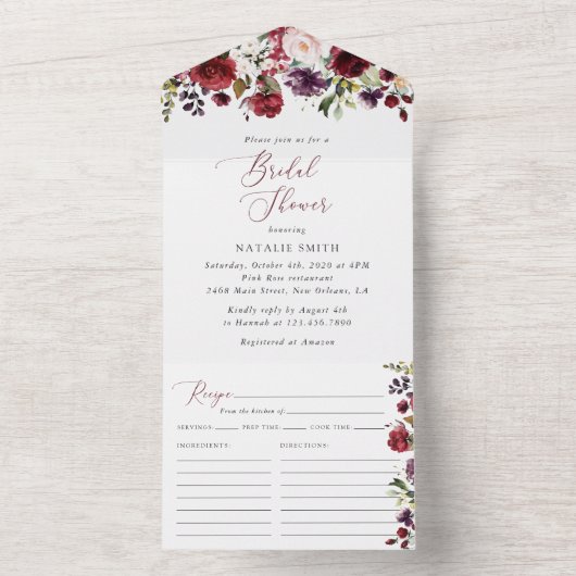 Invitation Tout En Un Fleurs Bourgognes, Fleurs Roses, Fête des mariées (À l'intérieur)