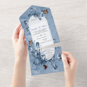 Invitation Tout En Un Fleurs Cyanotypes avec papillons visités. Tout