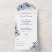 Invitation Tout En Un Fleurs d'aquarelle bat mitzvah, bleu et argent (À l'intérieur)