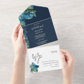 Invitation Tout En Un Fleurs d'Aquarelle Bleu Dusty Sur Marine (Déchirure)