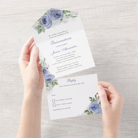 Invitation Tout En Un Fleurs d'aquarelle bleu Quinceanera et argent (Déchirure)
