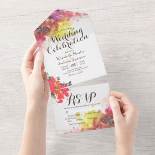 Invitation Tout En Un Fleurs d'aquarelle colorée Mariage botanique RSVP