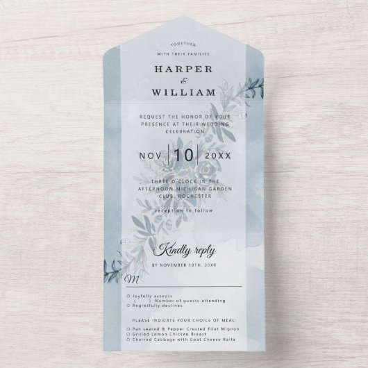 Invitation Tout En Un Fleurs d'aquarelle indigo bleu mariage (À l'intérieur)
