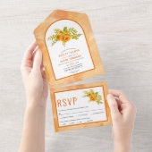Invitation Tout En Un Fleurs d'aquarelle orange et mariage à arc (Déchirure)