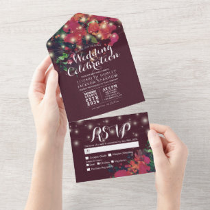 Invitation Tout En Un Fleurs d'aquarelle rouge Éclairage mariage RSVP