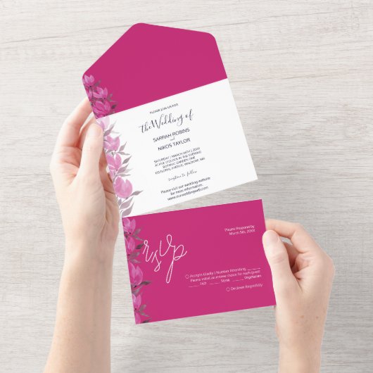 Invitation Tout En Un Fleurs d'aquarelle Rustique Chic Hot Rose (Déchirure)
